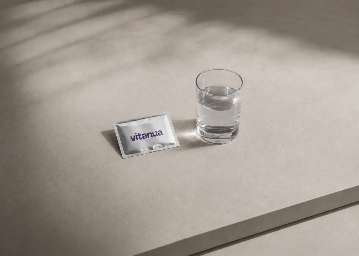 Geschlossenes vorportioniertes vitanua Nährstoff-Kit neben einem Glas Wasser