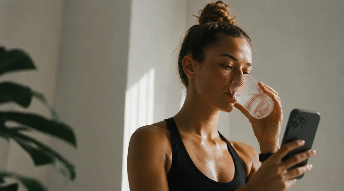 Frau ergänzt nach dem Sport ihre Lifestyle-Daten bei einem Glas Wasser